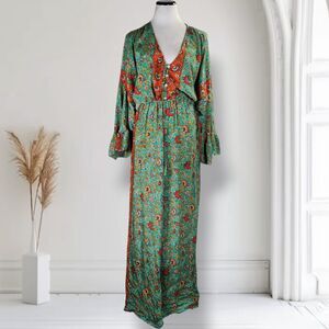 Karma Highway Ruffle Sleeve Wide Leg Jumpsuit OS Green Paisley Viscose Satin